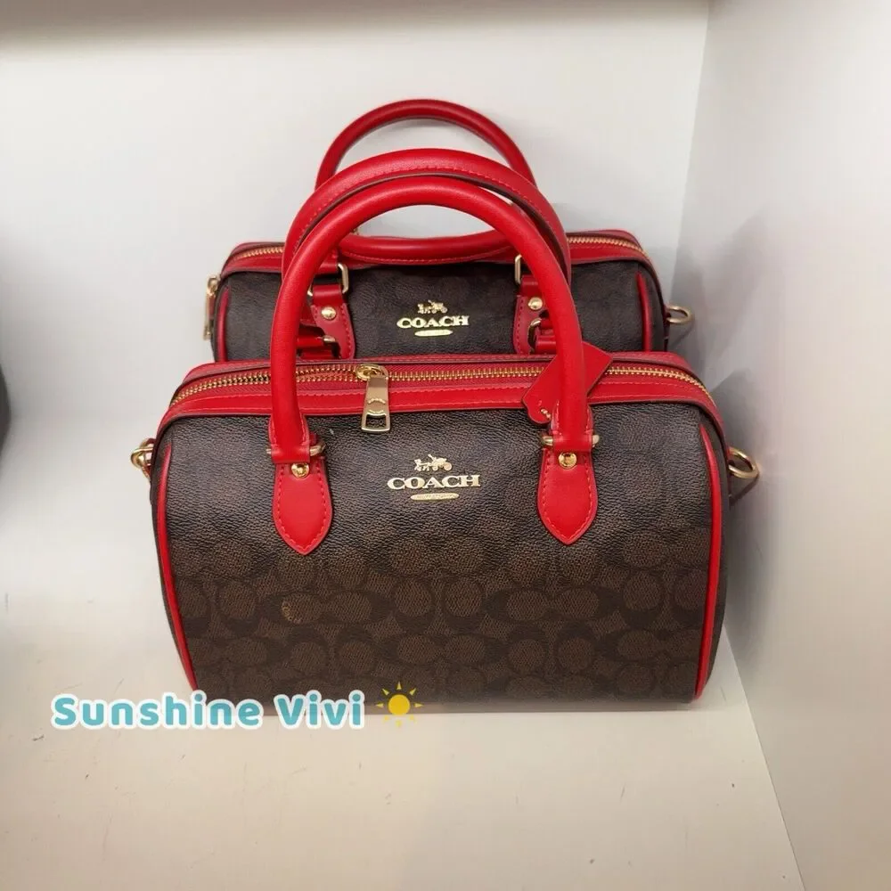 NWT Coach Rowan Satchel In Signature Canvas CV961 Walnut /Bold Red - Picture 1 of 9